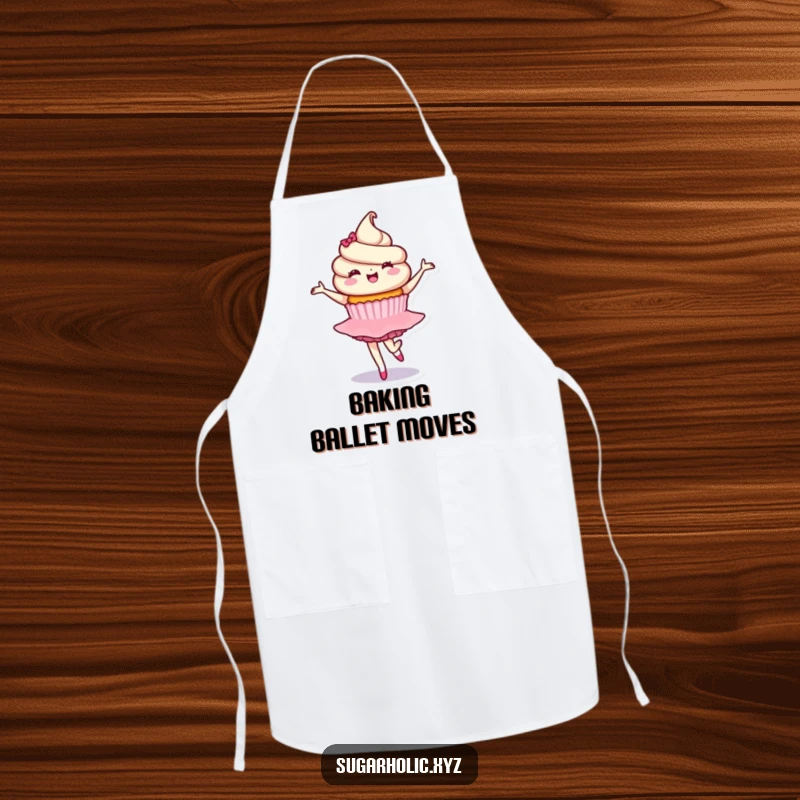 Funny apron with a delighted cupcake character performing a graceful ballet twirl, perfect for adding sweet charm to kitchen activities.