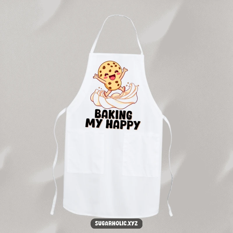 Funny Apron depicting a cookie character leaping into frosting, designed for bakers who love humor and delicious creations.