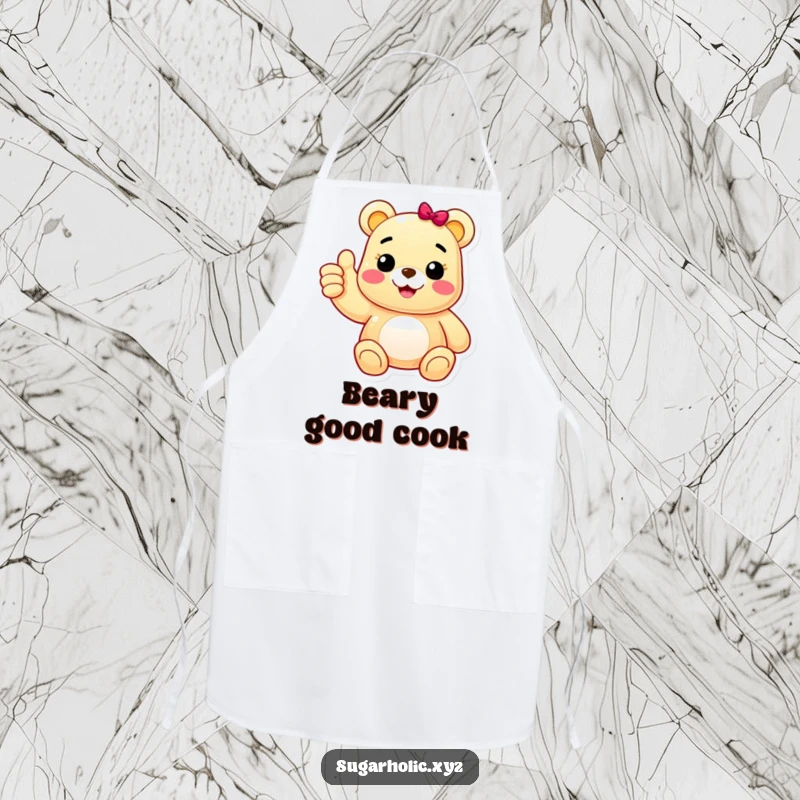 Funny apron with a cheerful gummy bear character giving an enthusiastic thumbs up, perfect for adding positive charm to kitchen activities.