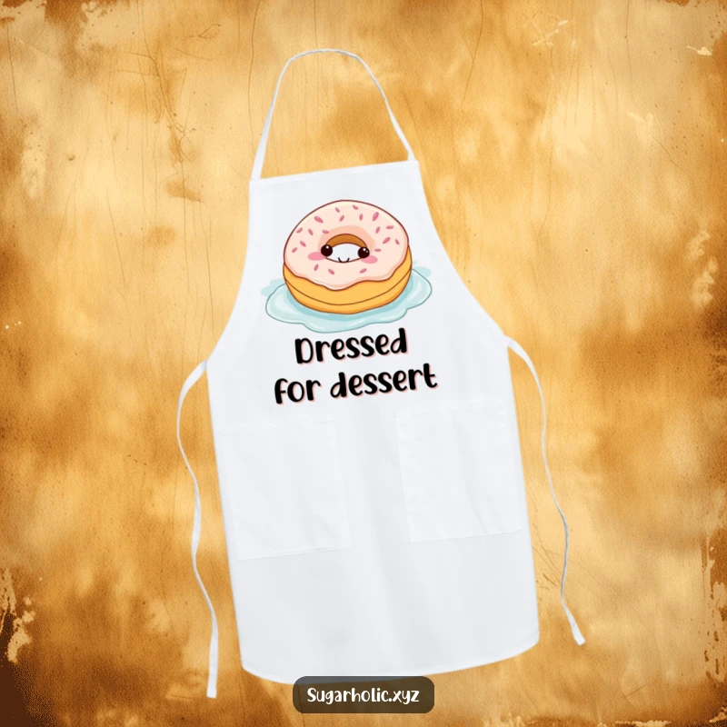 Funny apron with a cheerful donut character swimming in a sweet frosting pool, ready for kitchen adventures.