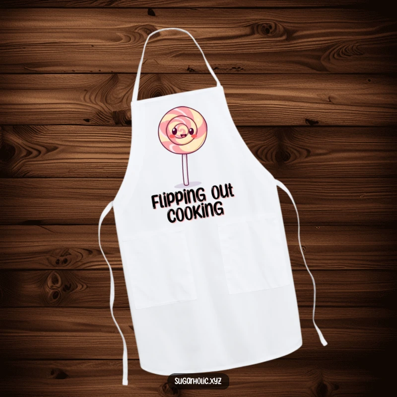 Funny giggling lollipop with a swirl pattern doing a cartwheel on an apron, a humorous and practical kitchen accessory.
