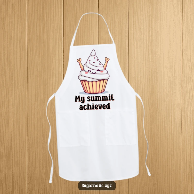 Funny apron featuring a triumphant cupcake offering a sugary mountain, ideal for bakers celebrating success.