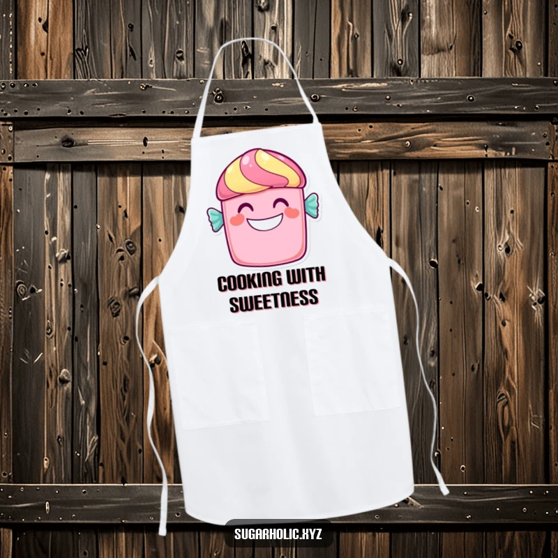 Funny candy bar apron showing a cheerful character with a wide, sweet grin, a humorous and sweet addition to kitchen wear.
