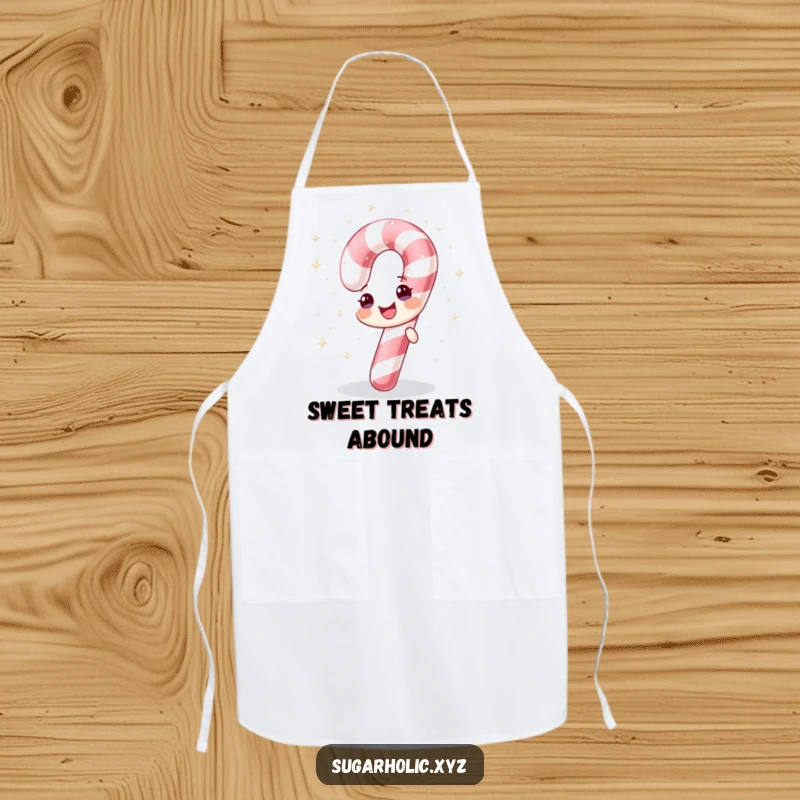 Funny apron with a cheerful candy cane showering itself with sparkling sugar, perfect for holiday baking.