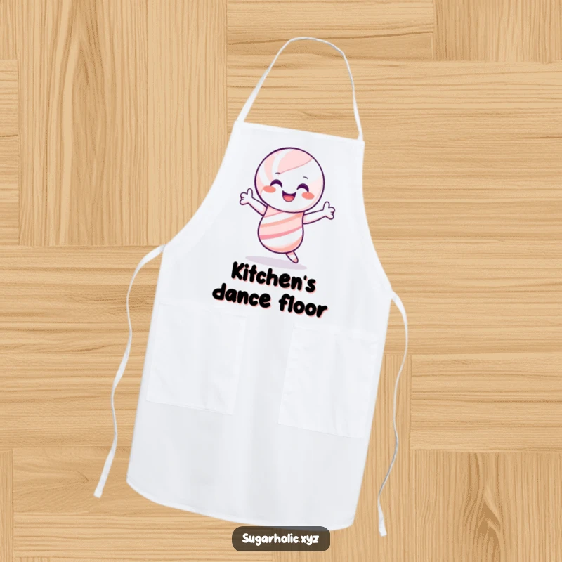 Funny candy cane apron, smiling and shimmying joyfully, ideal for humorous festive cooking and as a gift.