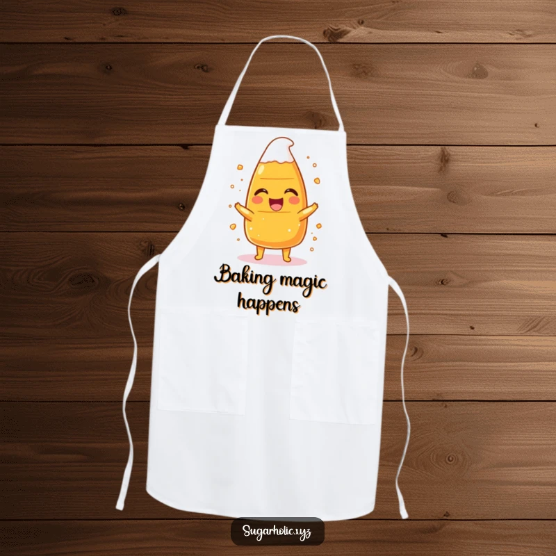 Funny candy corn character laughing playfully while dusted with sugar, featured on a humorous and functional kitchen apron.