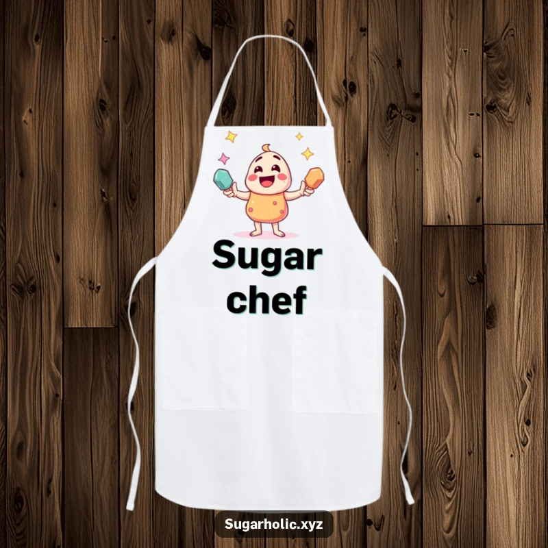 Funny candy character juggling sparkling rock candies, featured on a humorous kitchen apron for sweet-themed fun.