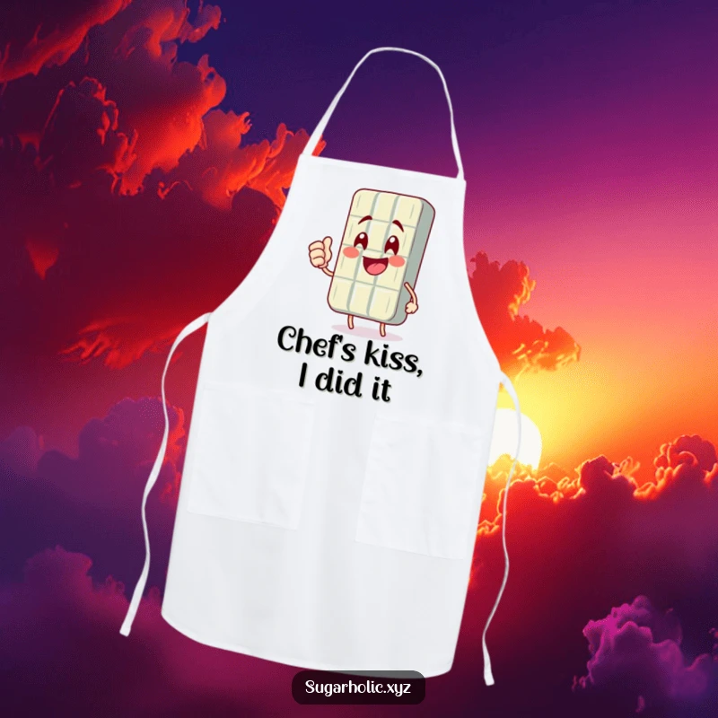 Funny apron depicting a smiling chocolate bar character triumphantly giving a fist pump, ready for kitchen success.