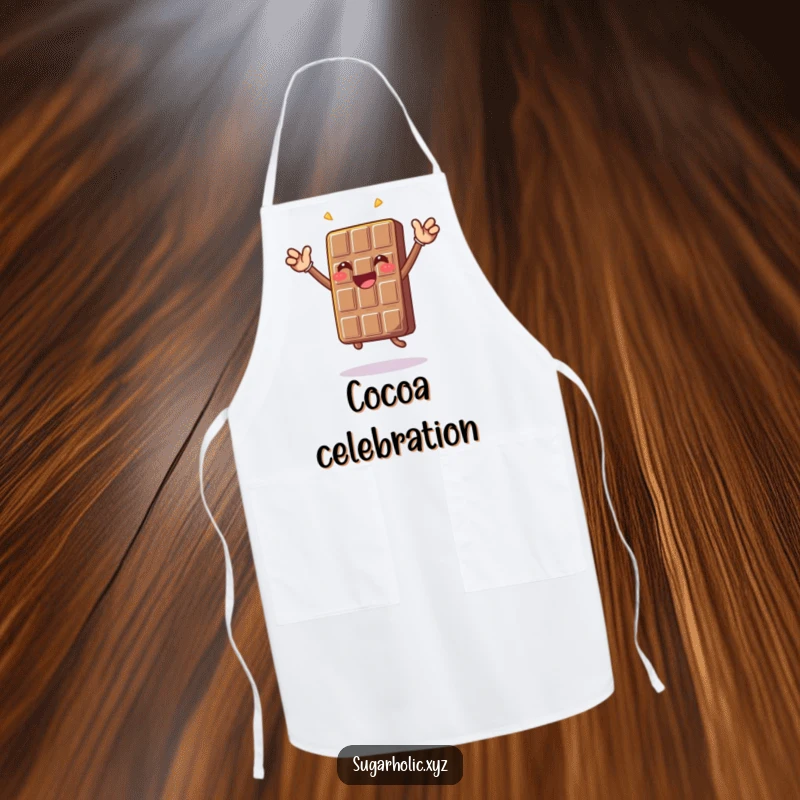 Funny chocolate bar character doing a celebratory jump, featured on a humorous kitchen apron for sweet-themed fun.