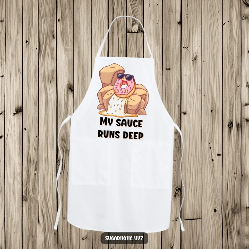 Funny donut wearing sunglasses sliding down a caramel waterfall on an apron, a humorous and practical kitchen accessory for cooks.