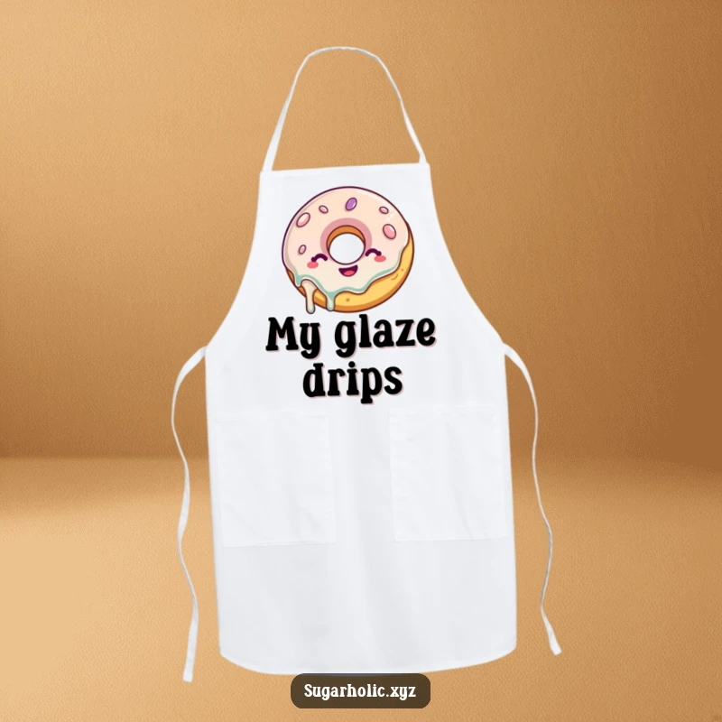 Funny Donut Apron: A delighted donut with a glaze drip wiggles with glee, making this apron functional and humorously sweet.