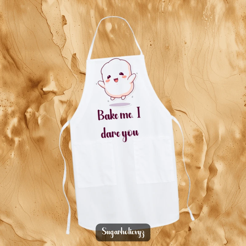 Funny Apron: Fluffy marshmallow character bounces enthusiastically, adding fun to cooking and baking.