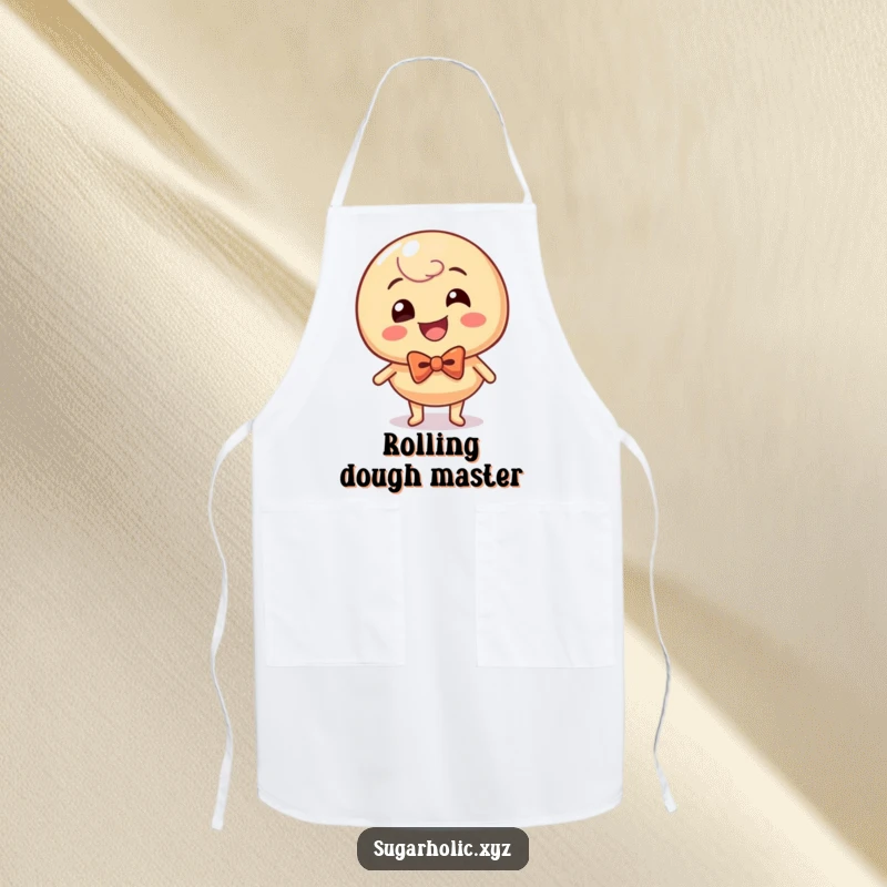 Funny caramel candy character wearing a bow tie, rolling with pure joy on a kitchen apron, ready for culinary adventures.