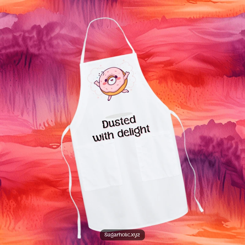 Funny donut apron showing a giggling donut jumping into a cloud of powdered sugar, a protective and humorous kitchen accessory.