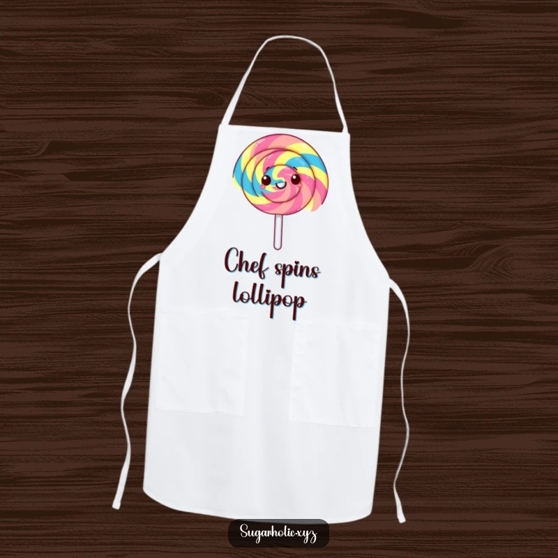 Funny lollipop apron showing a gleeful lollipop spinning rapidly with rainbow stripes. Ideal for baking and kitchen activities with a fun twist.
