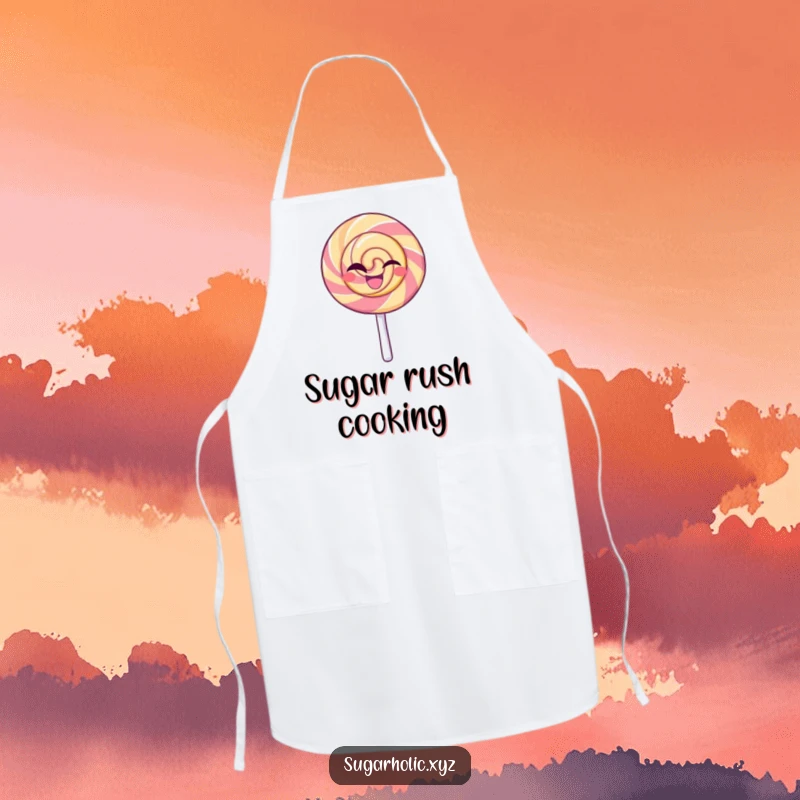 Funny apron with a beaming lollipop character giving a confident wink, perfect for adding playful charm to kitchen activities.
