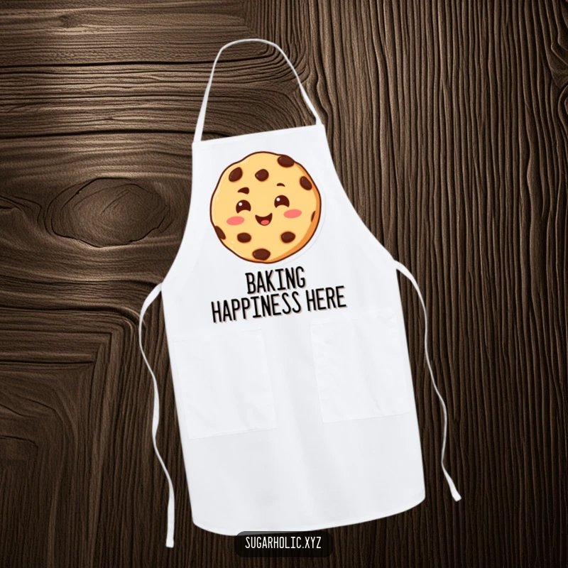 Funny apron with a cheerful chocolate chip cookie character, smiling warmly and melting with happiness, perfect for baking.