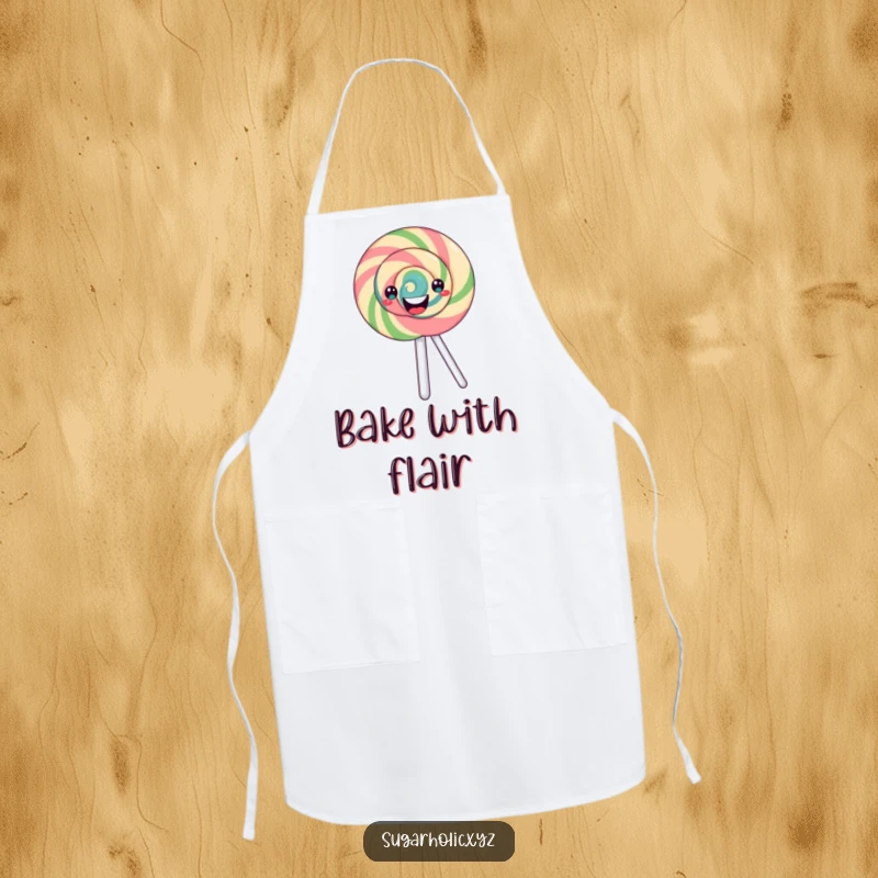 Funny Apron: Features a happy, swirling lollipop spinning around, perfect for adding fun to cooking and baking.