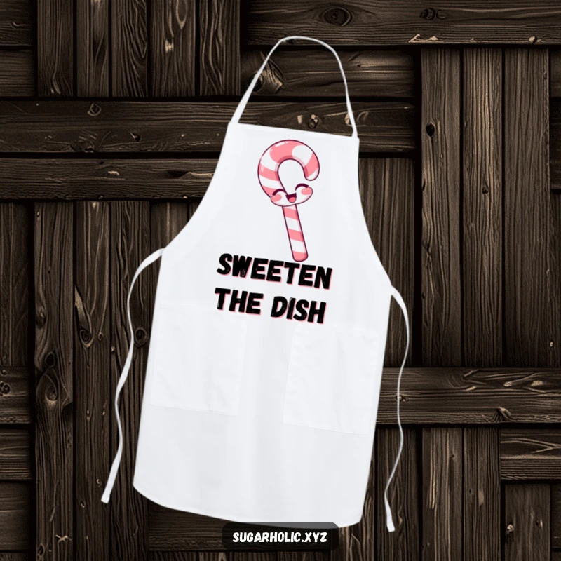 Funny candy cane apron with a slight bend, winking playfully, festive and cheerful, perfect for cooking, funny gift.