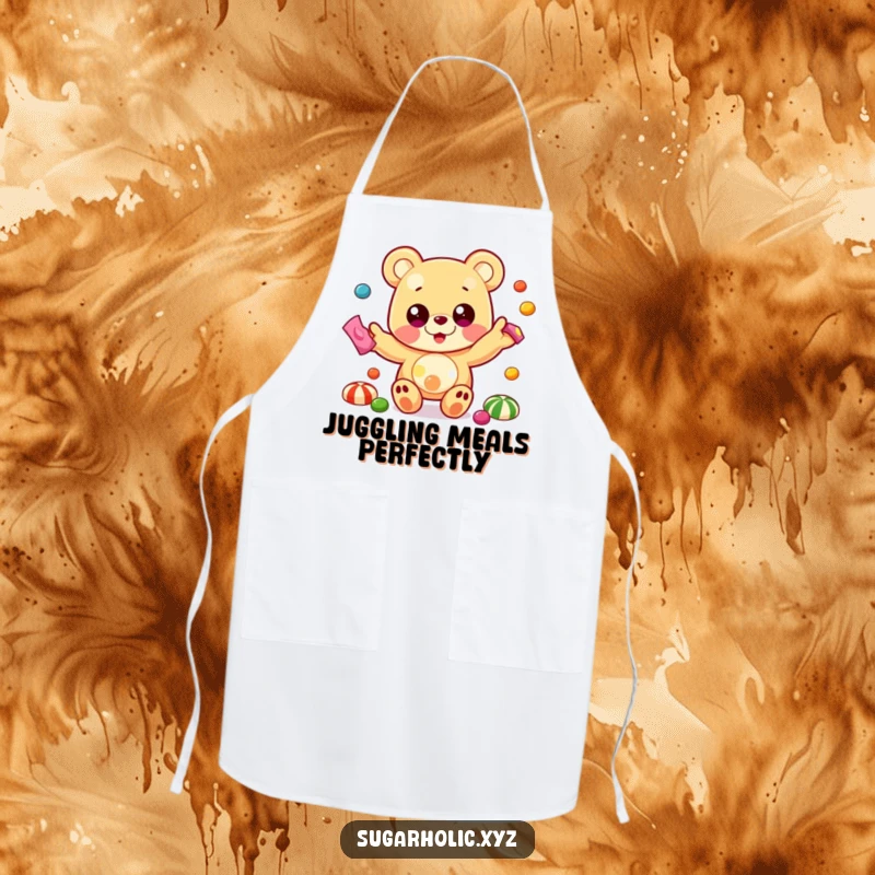 Funny apron showing a beaming gummy bear with oversized eyes, juggling colorful candies, perfect for a fun cooking experience.