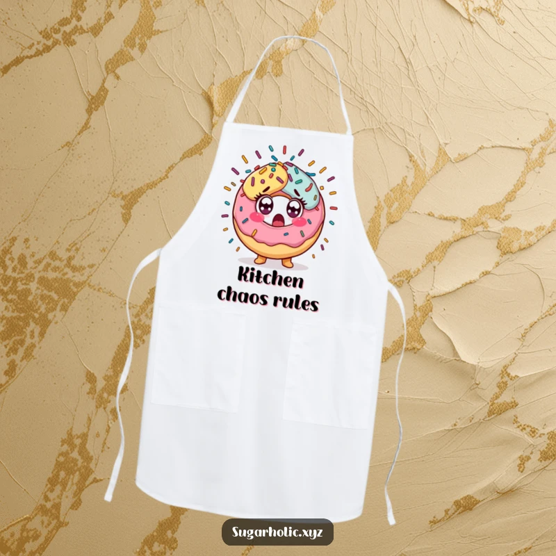 Funny Apron featuring a surprised donut character with wide eyes from a sprinkle explosion, adding humor to culinary adventures.
