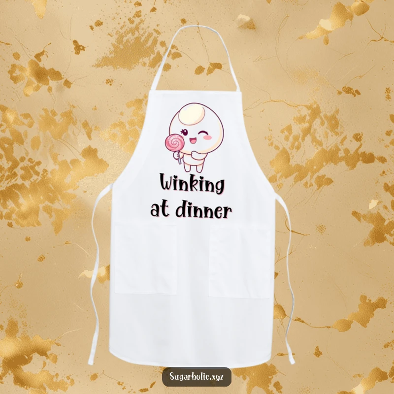 Funny apron featuring a candy character winking with a lollipop, adding kitchen charm.