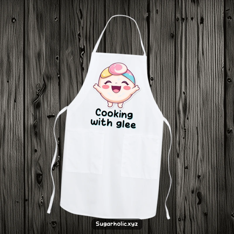 Funny apron with a delighted candy character bursting with joy, perfect for happy kitchen endeavors.