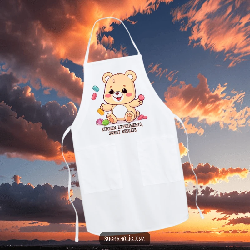 Funny Gummy Bear Apron: A silly gummy bear with a sticky grin juggles various candies, ensuring a hilarious time in the kitchen.
