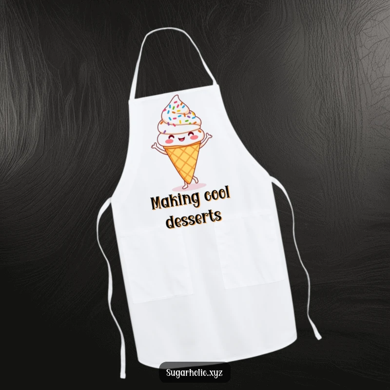 Funny ice cream cone apron showing a happy cone with sprinkles doing a jig, perfect for adding humor to cooking.