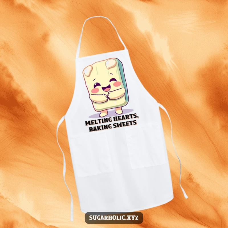 Funny apron with a happy, melting candy bar character offering a big hug, perfect for a sweet kitchen experience.