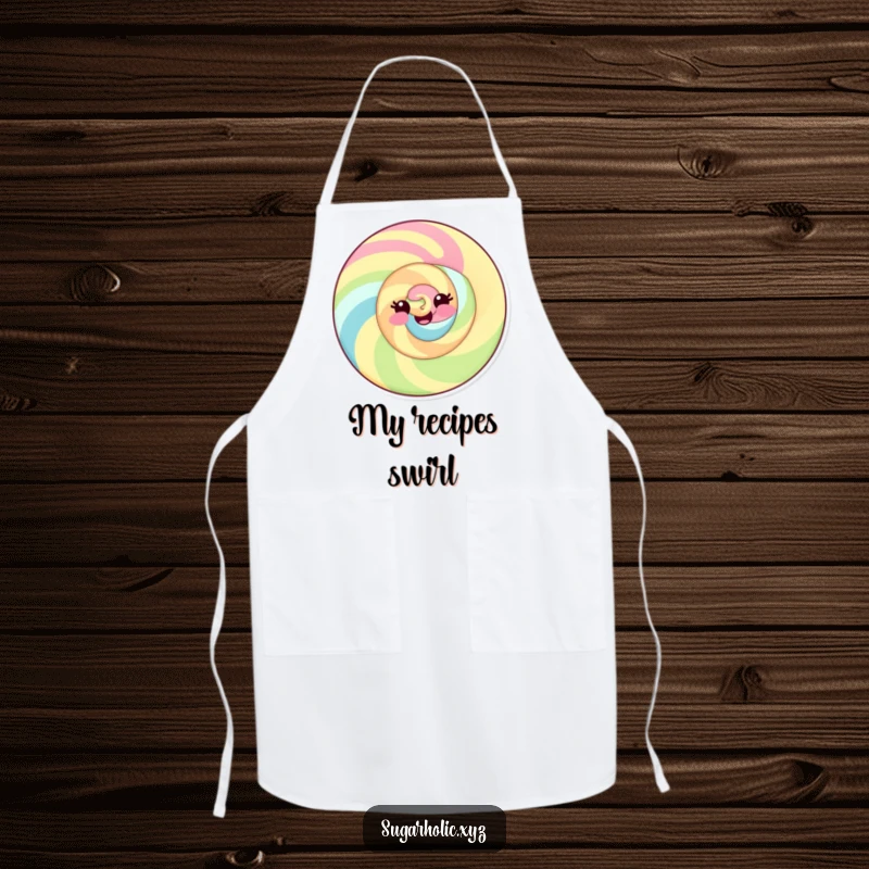 Funny apron featuring a delighted candy swirl with a playful smile, ideal for adding fun to cooking.