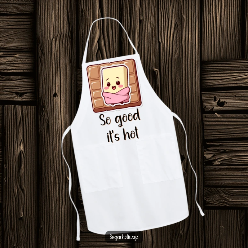 Funny Apron depicting a sweating chocolate bar character with a happy chip on its shoulder.