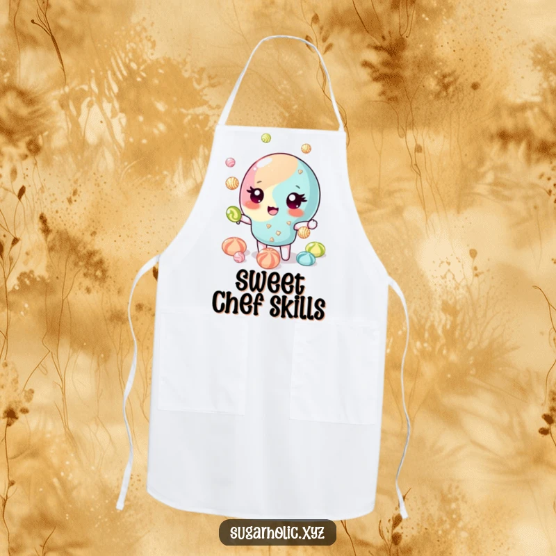 Funny Apron: Winking candy piece juggling glittering candies, looking skillful while cooking. Great funny gift.