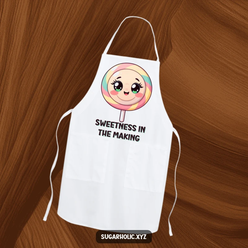 Funny apron with a round lollipop character, wide-eyed and radiating vibrant sugary energy.