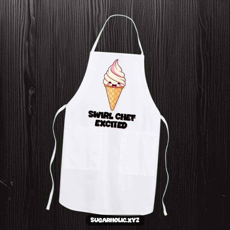 Funny jubilant ice cream cone apron with a swirl of excitement, protecting kitchen attire with sweet, joyful flair.