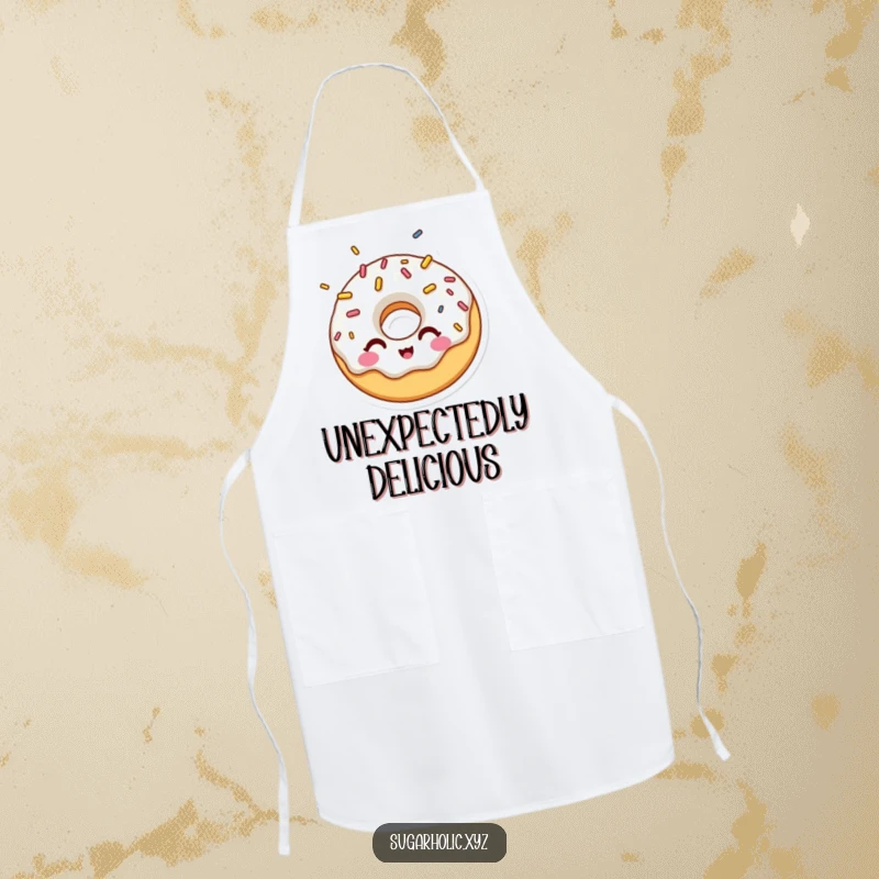 Funny apron showcasing a surprised donut character winking playfully while adorned with a shower of colorful sprinkles.