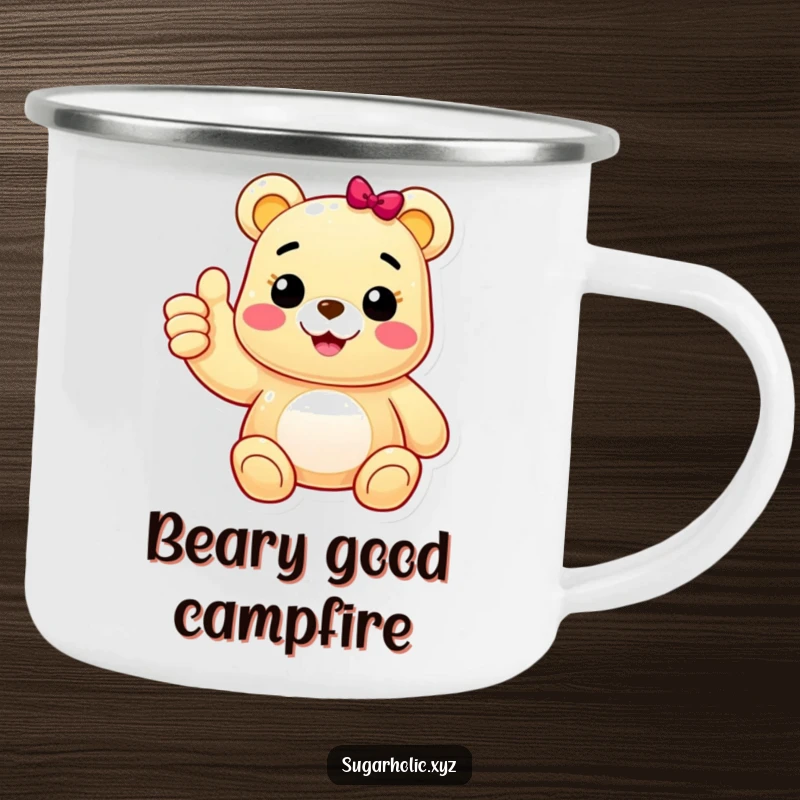 Funny camping mug featuring a cheerful gummy bear character giving an enthusiastic thumbs up, perfect for enjoying positive drinks on any adventure.