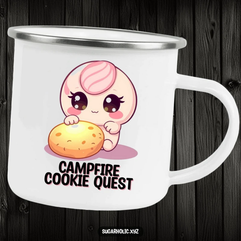 Durable funny candy character with shimmering eyes, reaching for a glowing cookie, ideal for travel.