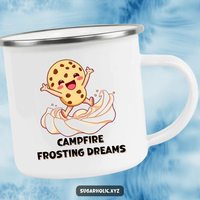 Funny Camping Mug showcasing a cookie character leaping into frosting, ready for sweet sips during outdoor escapades.
