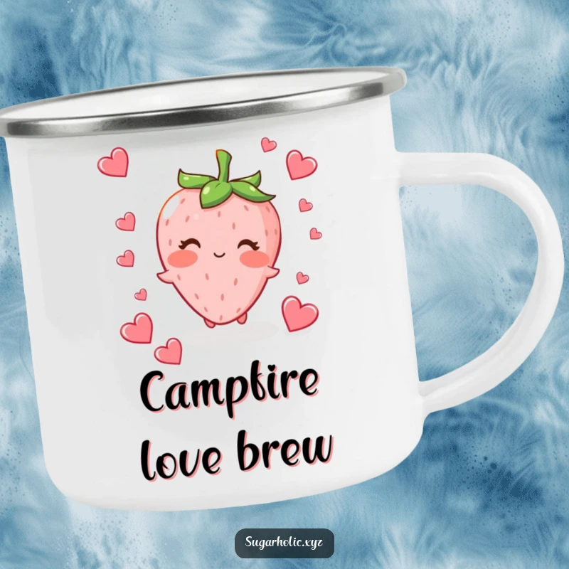 Funny blushing strawberry character fluttering tiny heart-shaped candies on a sturdy camping mug.