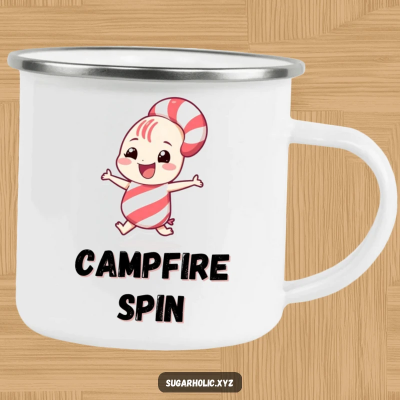 Funny grinning candy cane character doing a playful spin on a durable camping mug, ready for holiday fun.