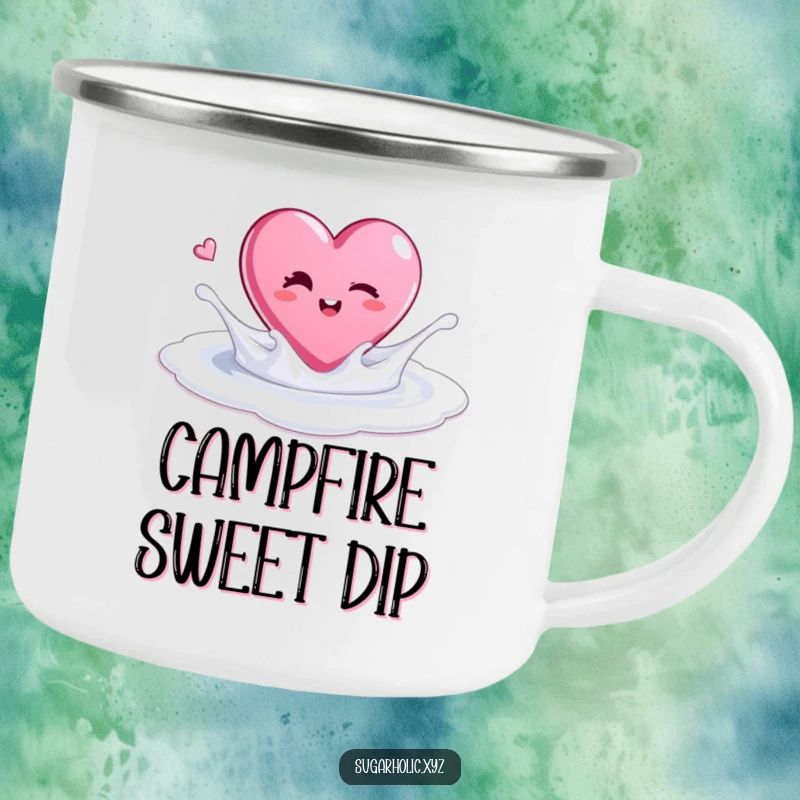Funny camping mug with a winking candy heart splashing in sugar, for sweet outdoor moments.