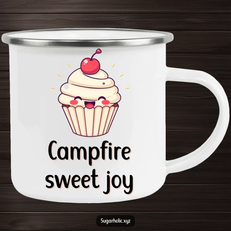 Funny cupcake camping mug with a beaming cupcake with a cherry, radiating pure joy. Ideal for outdoor adventures and hot beverages.