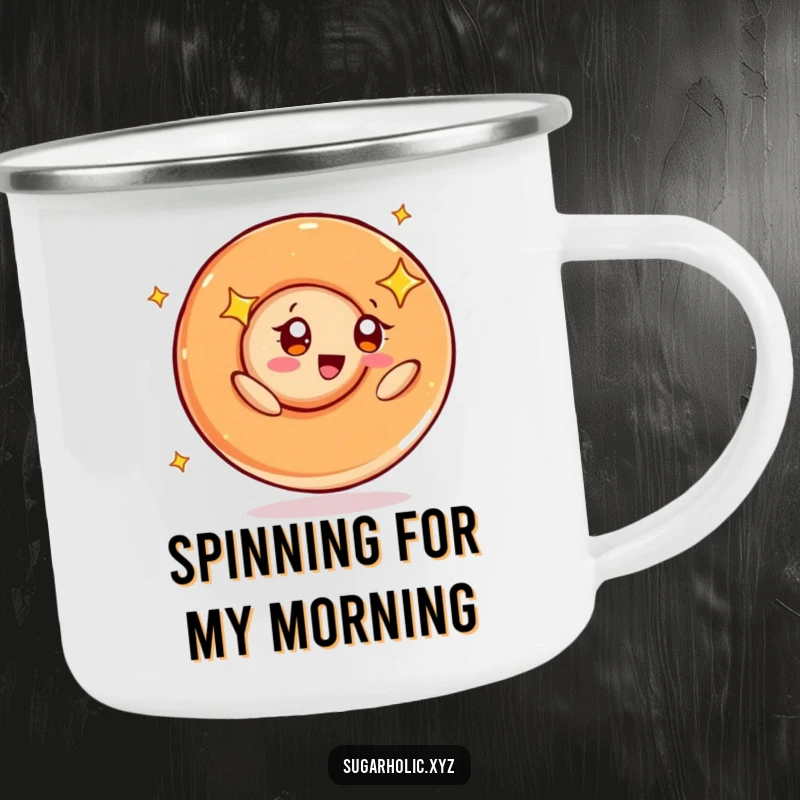 Funny camping mug showing a caramel swirl character spinning joyfully, its starry eyes gleaming under the open sky.