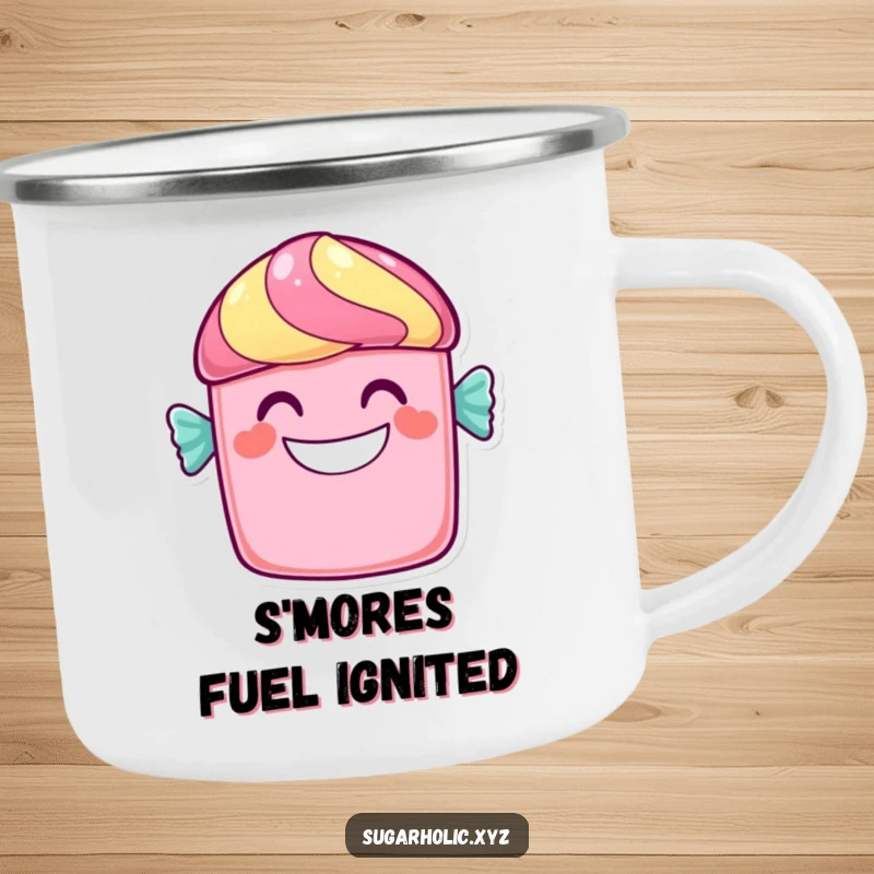 Funny candy bar camping mug featuring a cheerful character with a wide, sweet grin, perfect for outdoor enthusiasts.