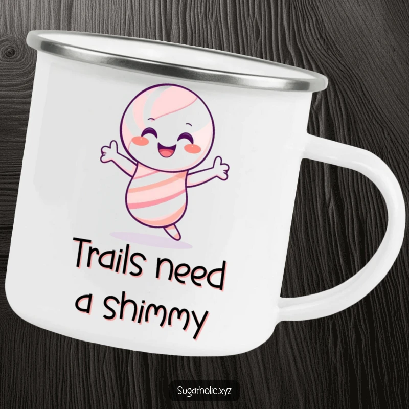 Funny candy cane camping mug, smiling and shimmying joyfully, perfect for humorous festive beverages and gifts.