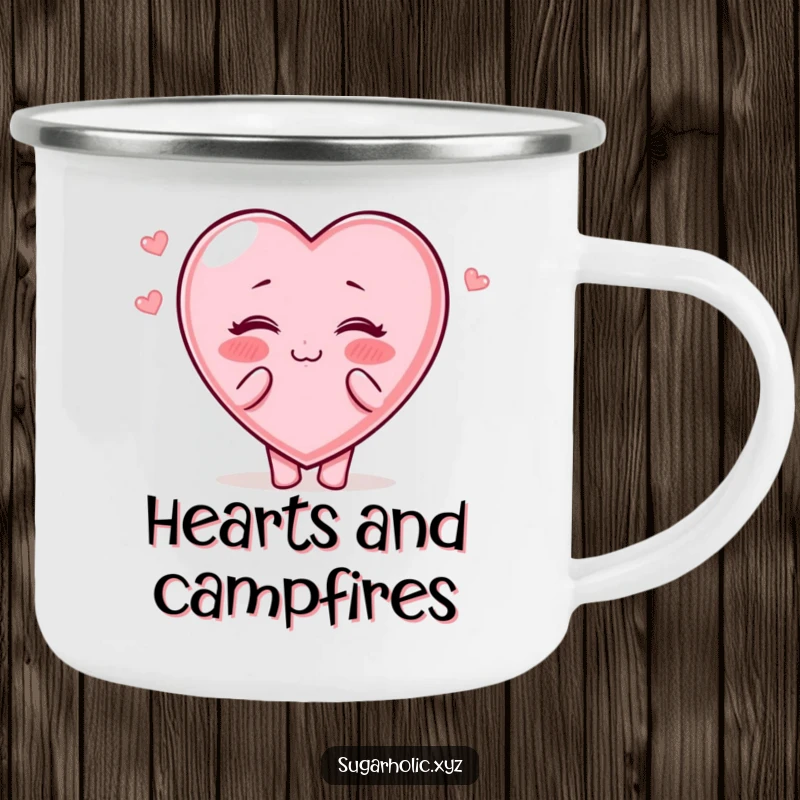 Funny Camping Mug: Durable mug with a candy heart character blowing kisses, for spreading love outdoors.