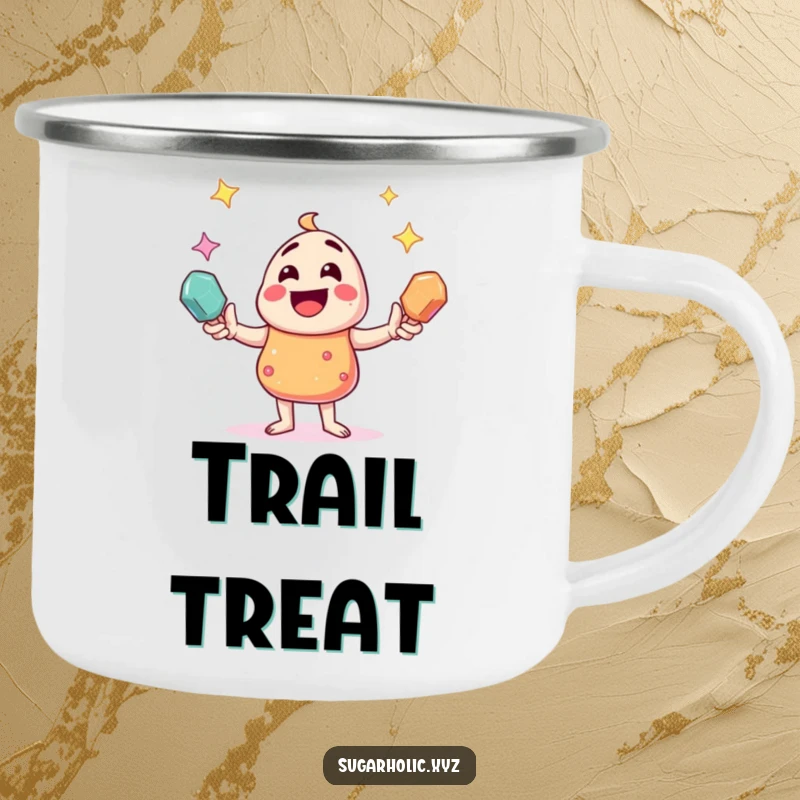 Funny candy character juggling sparkling rock candies, depicted on a rugged enamel camping mug for humorous outdoor enjoyment.