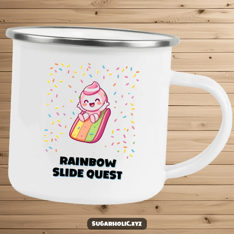 Funny Camping Mug: Candy character gleefully slides down a rainbow sprinkle slide, perfect for enjoying drinks outdoors.