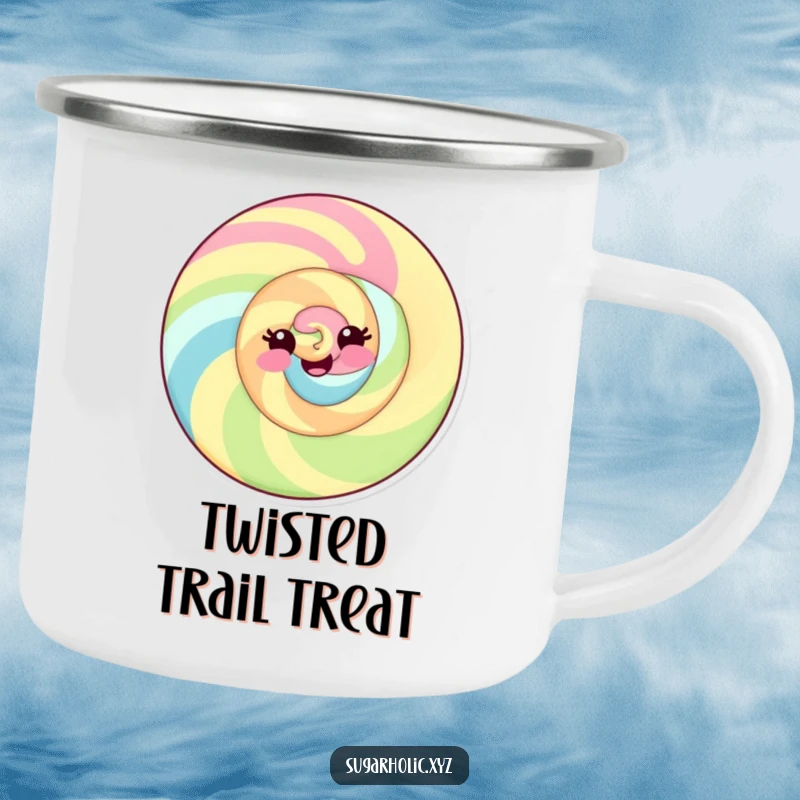 Funny camping mug featuring a delighted candy swirl with a playful smile, perfect for outdoor enjoyment.